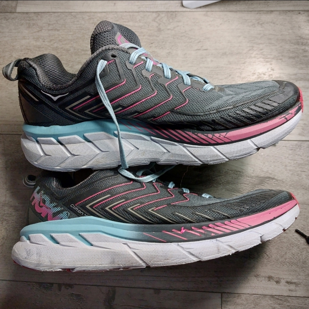 Women’s Gray Running Sneakers with Pink & Light Blue Accents